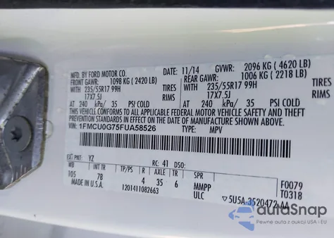 2015 Ford Escape Se из США, поврежденный, VIN 1FMCU0G75FUA58526